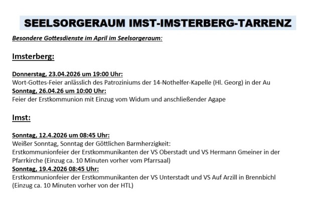 Besondere Gottesdienste im Seelsorgeraum - April 2026