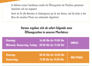 Neue Öffnungszeiten Pfarrbüros