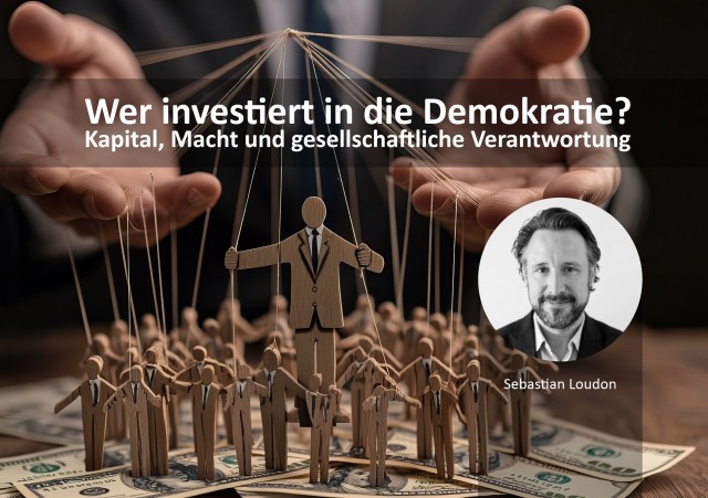 Figuren aus Karton, wie Marionetten mit Fäden, alle Fäden werden von zwei menschlichen Händen gehalten; zusätzlich ein Portraitbild vom Referenten
